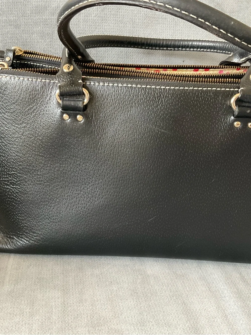 kate spade Black Leather Satchel with Pink Polka Dot Lining - Picture 2 of 7
